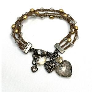 Brighton Karma Brown 3 Corded W/Gold Crystal Beads Crystal Silver Heart Charms